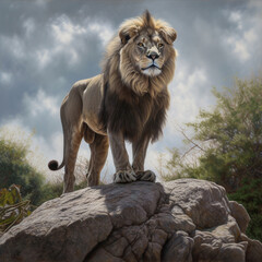 Realistic lion on the rock illustration