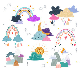 Set of drawings in scandinavian style. Collection of rainbow, cloud and crescent. Patterns for print on textile, fabric and kids clothes. Cartoon flat vector illustrations isolated on white background