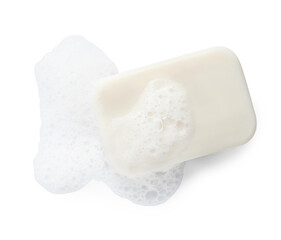 Soap with fluffy foam isolated on white, top view