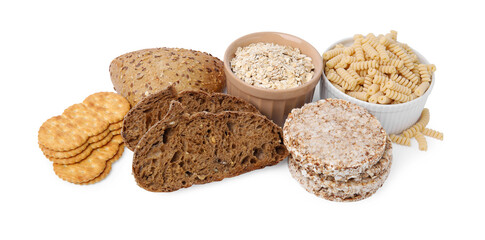 Different gluten free products on white background