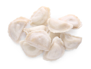 Fototapeta na wymiar Delicious dumplings (varenyky) with tasty filling on white background