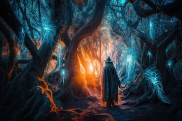 A wizard walking through a forest