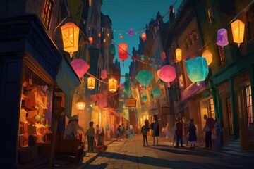 Fototapeta na wymiar A wizarding alley filled with floating lanterns