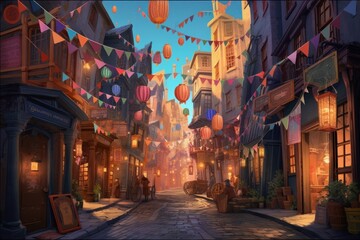 Naklejka premium A wizarding alley filled with floating lanterns