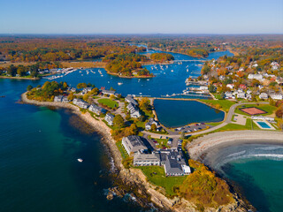 Stage Neck aerial view at the mouth of York River to York Harbor in town of York, Maine ME, USA. 