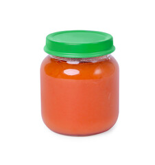 Glass jar with healthy baby food isolated on white