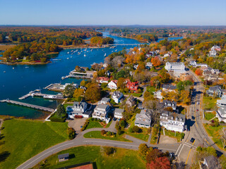 York River aerial view at Stage Neck at the river mouth to York Harbor in town of York, Maine ME,...