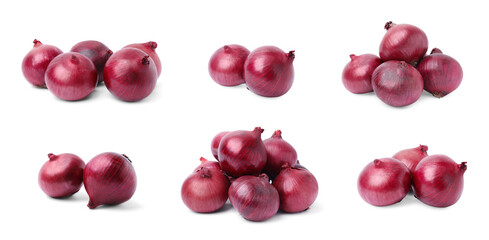 Collage with red onion bulbs on white background