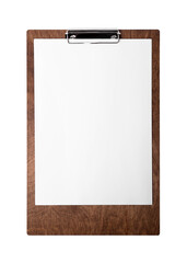 Wooden clipboard with sheet of paper isolated on white, top view. Space for text