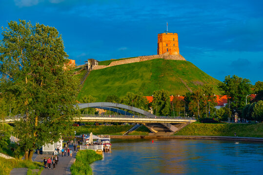 Gediminas castle in the lithuanian capital Vilnus reflecting on the river Neris.