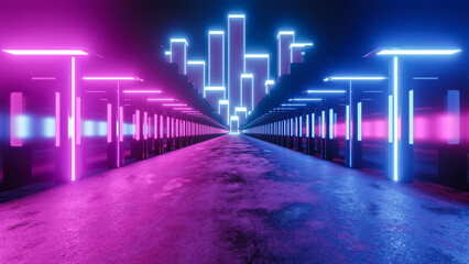 An asphalt road illuminated by blue and purple neon lights leads to a futuristic city with skyscrapers on the horizon in 3d render illustration format - 586399148