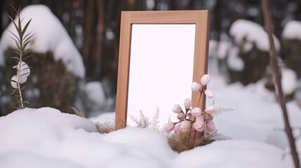 A photo frame place on the middle of the snow forest with a beautiful pink flower plant and a copy space,Snow falling in tne nature winter seasons, pink small flower in snowy rain,snow forest mockup