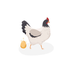Czarno-biała kura znosząca złote jajka. Kurczak - widok z boku. Ilustracja wektorowa.