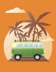 Print template with illustration of car, sun and palm trees. Summer vacation and travel. Vector retro drawing. For printing on clothes, souvenirs, flyers, posters, social networks and web pages.