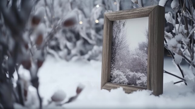 A photo frame place on the middle of the snow forest with a beautiful white flower and a copy space,Snow falling in tne nature winter seasons, white snow flake in the snowy rain,snow forest mockup