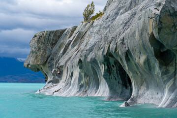 View of the Dog head profile at the Marble Caves on Lake General Carrera, Patagonia, Chile. Marble...