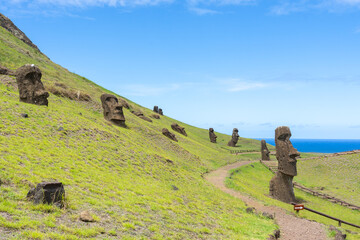 Outer slope of the Rano Raraku on Easter Island (Rapa Nui), Chile. Rano Raraku is commonly known as...