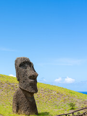 Moai heads on the slope of Rano Raraku on Easter Island (Rapa Nui),  Chile. Raraku is commonly...