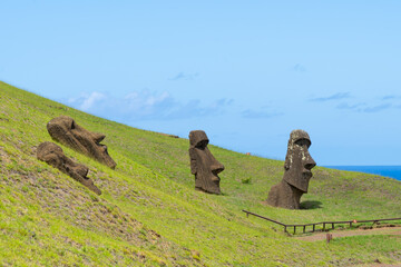 Moai heads on the slope of Rano Raraku on Easter Island (Rapa Nui),  Chile. Raraku is commonly known as the “Moai Factory”.