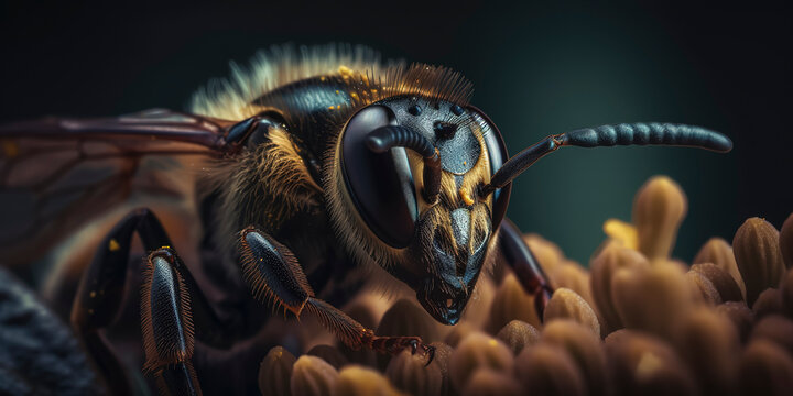 Stunning close-up of a bee gathering nectar from a flower in nature. Generative AI