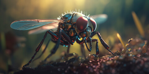 Amazing capture of a cyborg fly in a stunning macro image. Generative AI