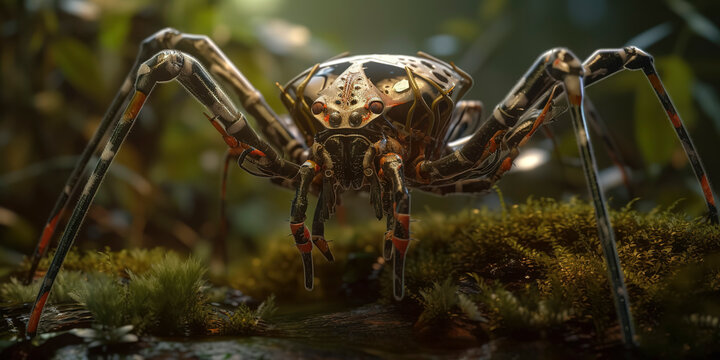 Extraordinary macro image of a technologically advanced cyborg spider. Generative AI