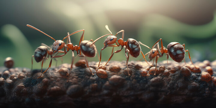 Astonishing macro shot of ants working together in nature. Generative AI