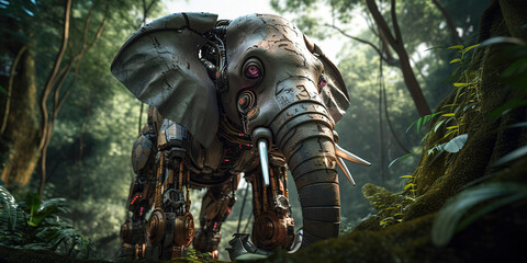 Cyborg elephant in the jungle, a testament to technology and nature's harmony, Generative AI