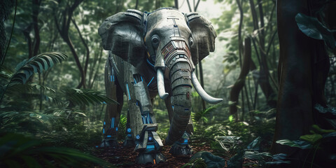 Awe-inspiring cyborg elephant roaming the jungle landscape. Generative AI
