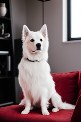 Fototapeta na wymiar dog sitting on red sofa with stare