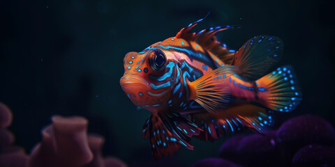 Striking image of a mesmerizing Mandarin fish underwater. Generative AI
