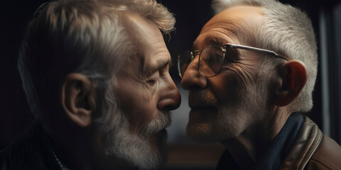 Affectionate older gay couple hugging and kissing, celebrating LGBTQ love. Generative AI