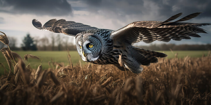 Captivating photograph of a majestic gray owl hunting in a field, mid-swoop. Generative AI