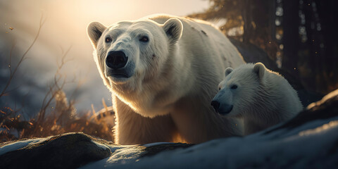 Obraz na płótnie Canvas Beautiful portrait of a polar bear and her cub standing together. Generative AI