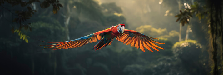 Scarlet macaw flying majestically over the lush Amazon Rainforest. Generative AI