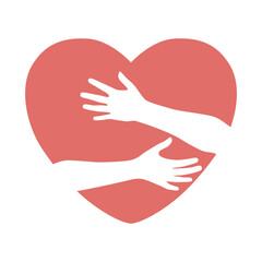 Hugging heart. Hands holding heart. Vector illustration in hand drawn flat style.