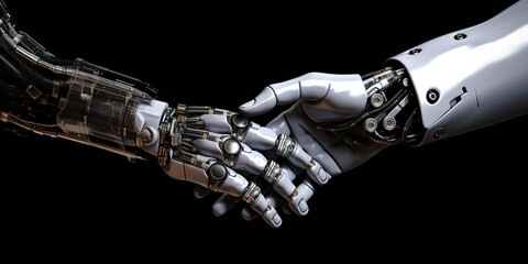Futuristic partnership handshake between a human and a cyborg hand. Generative AI