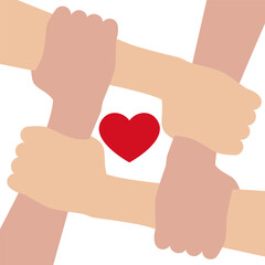 4 hands together holding each other. Red heart in the center. Vector