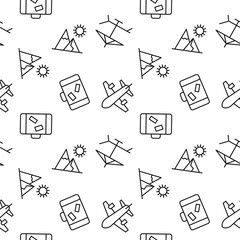 Seamless monochrome repeating pattern of deckchair, tent, luggage, airplane