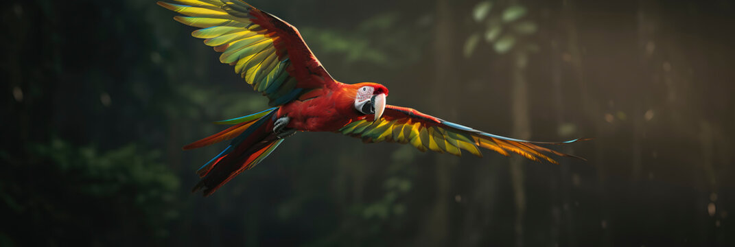 Breathtaking image of a scarlet macaw soaring above the Amazon Rainforest. Generative AI