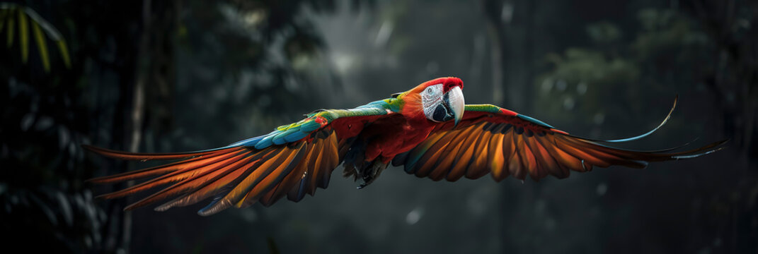 Awe-inspiring scarlet macaw soaring high above the Amazonian canopy. Generative AI