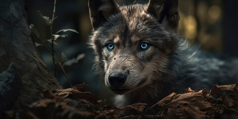 Fototapeta premium Majestic grey wolf cub with piercing blue eyes in a stunning photo. Generative AI