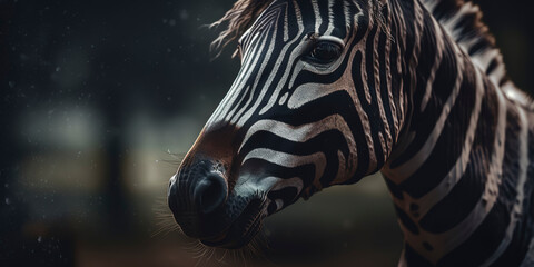Close-up of a zebra's striking features in its natural habitat. Generative AI
