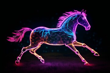 Running horse glowing with purple neon color, generative AI