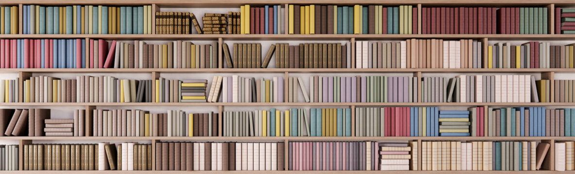 Bookshelves In The Library With Colorful Books 3d Render 