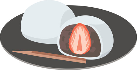 お皿にのっている和菓子（いちご大福）のイメージイラスト
