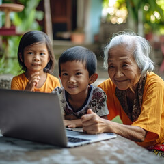 Multigenerational Connections: Grandmother Teaching Grandchildren on Her Computer. Generative AI
