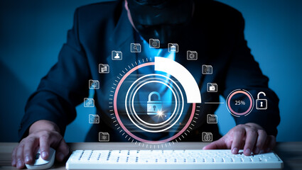 Hacker hacks network, cybersecurity vulnerability Log4J and hacker,coding,malware concept.Hooded computer hacker in cybersecurity vulnerability Log4J, metaverse digital world technology.