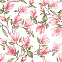 Pink floral seamless pattern. Watercolor magnolia flower