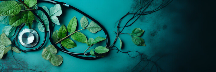 green plants in horizontal layout banner with copy space, generative ai